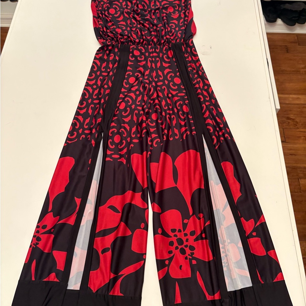 Analili Red and Black Patterned Jumpsuit
